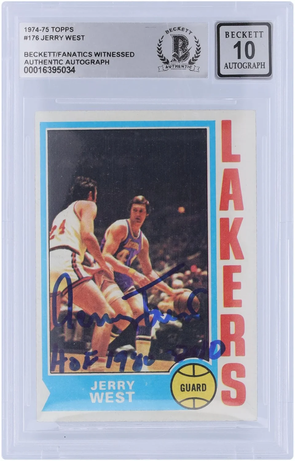 Travel Storage Jerry West Los Angeles Lakers Autographed 1974-75 Topps #176 Beckett Fanatics Witnessed Authenticated 10 Card with HOF 1980, 2010 Inscription - Fanatics Authentic Certified