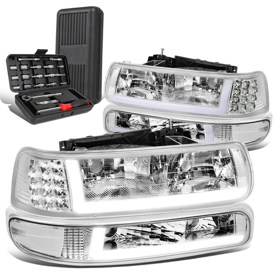 Silicone Cleaning 1999-2002 Silverado LED DRL Chrome Clear Side Headlight Bumper Lamp+Tool Box