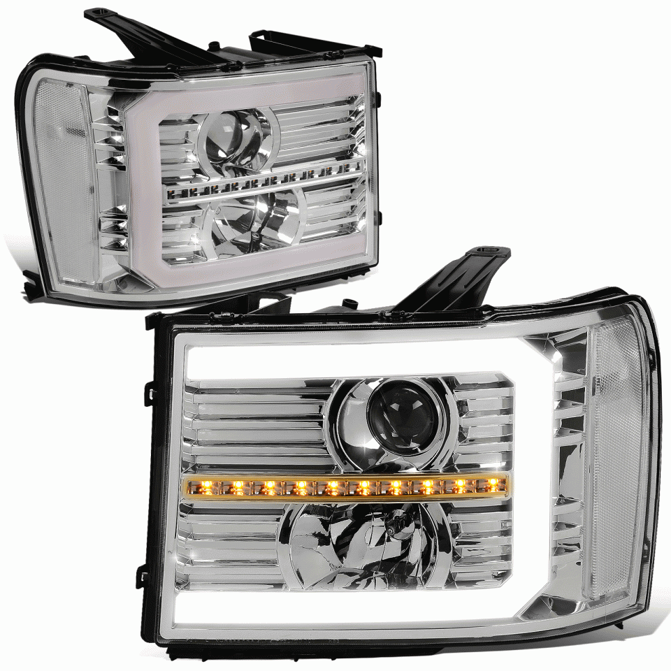 Easy-Clean 07-14 GMC Sierra LED DRL+Sequential Signal Projector Headlight Lamps Chrome