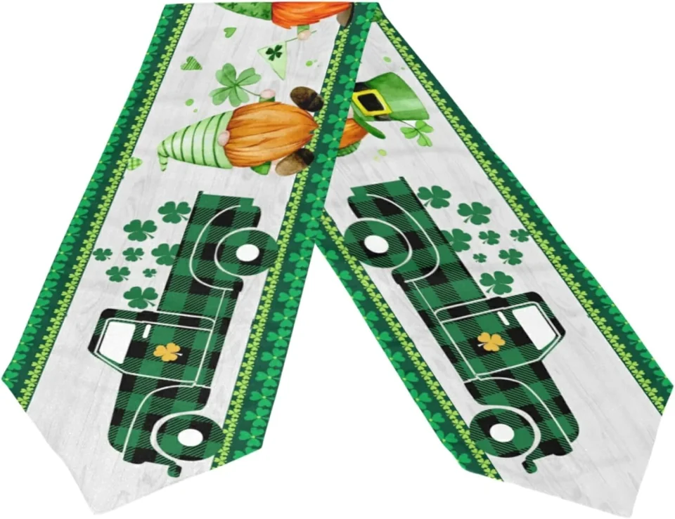 Safe GZHJMY Double Sided St. Patrick's Day Truck Gnomes Long Polyester Table Runner 13 x 70 Inches Table Cloth Cover Placemats for Kitchen Dinning Living Holiday Home Decor