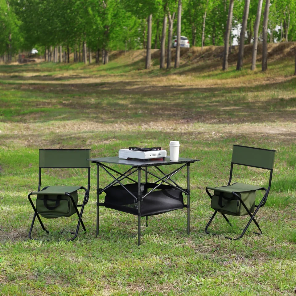 Prime Set of 3, Folding Outdoor Table and Chairs Set for Indoor, Outdoor Camping, Picnics, Beach,Backyard, BBQ, Party, Patio, Black/Green