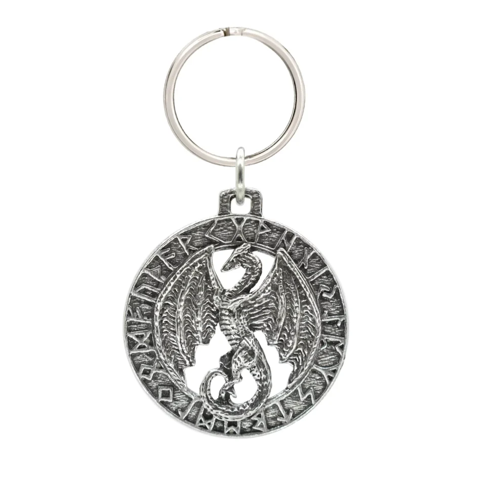 Prime Dragon Flying In Runes Keychain, G009KC, 1 3/4 inch, Pewter, Key Fob, Key Ring, Keys, Zipper Pull, Luggage Tag, Backpack, Over Celtic Runes Fantasy Medieval Designs, Handmade in the USA, 100% American
