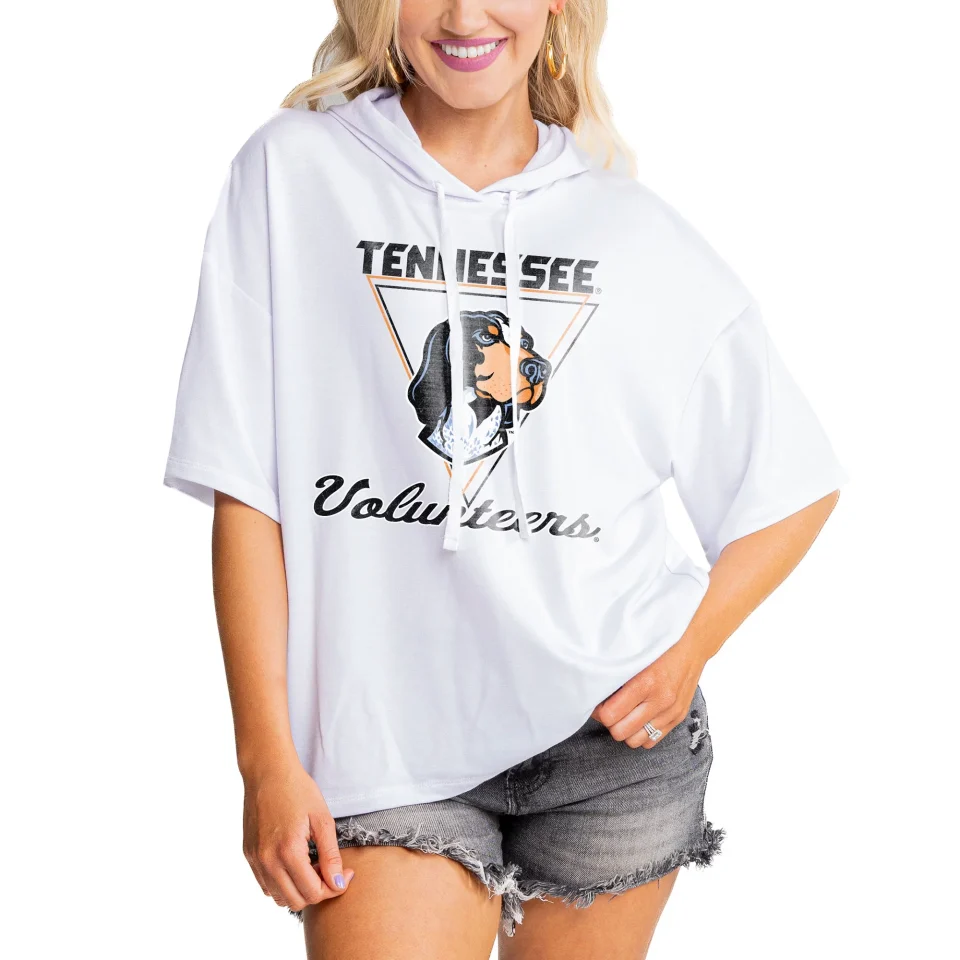 Polished Multi-Purpose Women's Gameday Couture White Tennessee Volunteers Play On French Terry Tri-Blend Hoodie T-Shirt