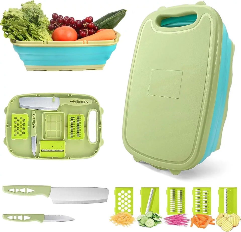 Premium Camping Cutting Board,Collapsible Chopping Board with Colander, 9-In-1 Multi Chopping Board Kitchen Vegetable Washing Basket for Camping,Camping Gifts Camping Accessories for RV Campers