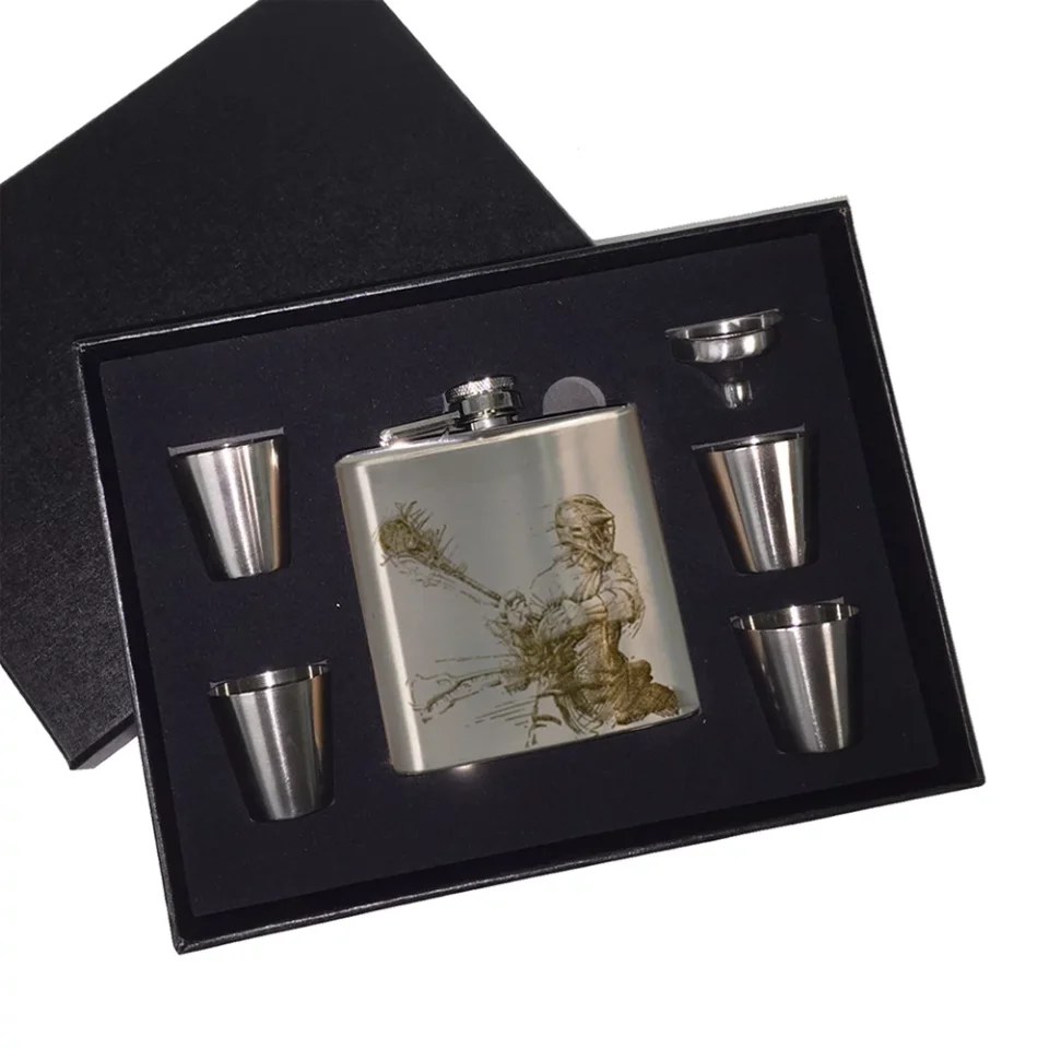 Outdoor Baking KuzmarK 6 oz. Stainless Steel Flask Set in Black Presentation Box - Lacrosse
