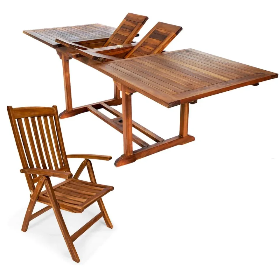 Prime Frosted All Things Cedar TE90-44 5-Piece Teak Extension Patio Table with Folding Arm Chairs