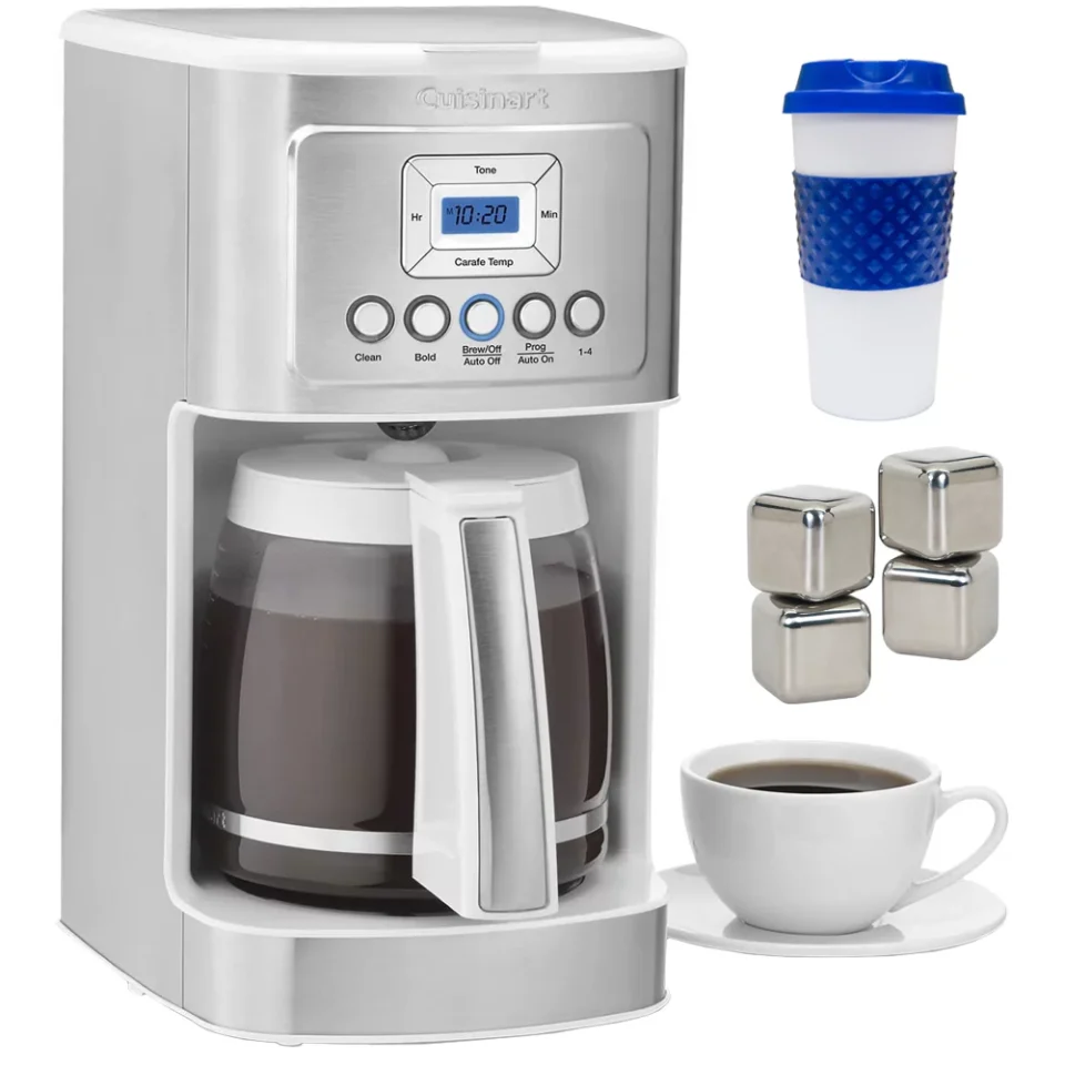 Pure Cuisinart DCC-3200WP1 14 Cup Programmable Perfectemp Coffeemaker, White Bundle with Deco Chef Reusable 16-Ounce To Go Travel Mug and Deco Essentials 4 Pack Reusable Stainless Steel Ice Cubes