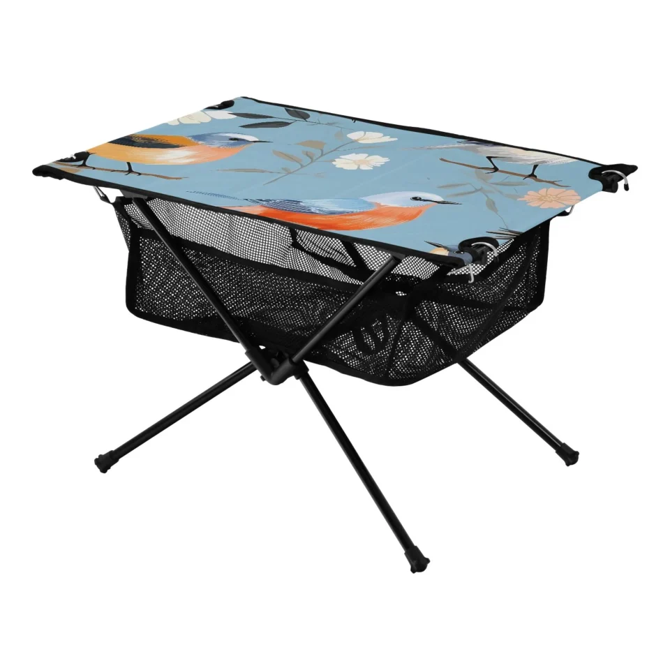 Essential Ceramic Floral and Birds Camping Folding Table Portable Beach Table with Storage Bag Compact Picnic Table for Outdoor Travel Fishing BBQ