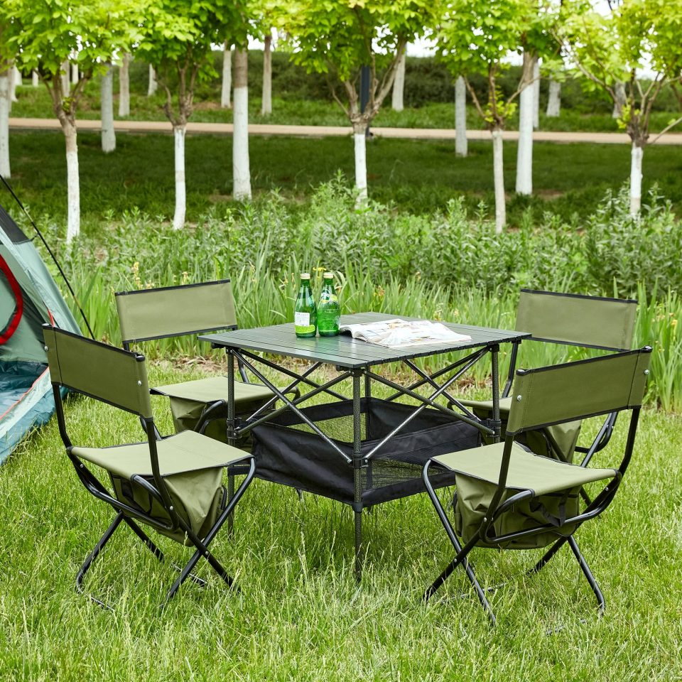 Versatile Space-Saving CoSoTower Set of 5, Folding Outdoor Table and Chairs Set for Indoor, Outdoor Camping, Picnics, Beach, Backyard, Bbq, Party, Patio, Black/Green
