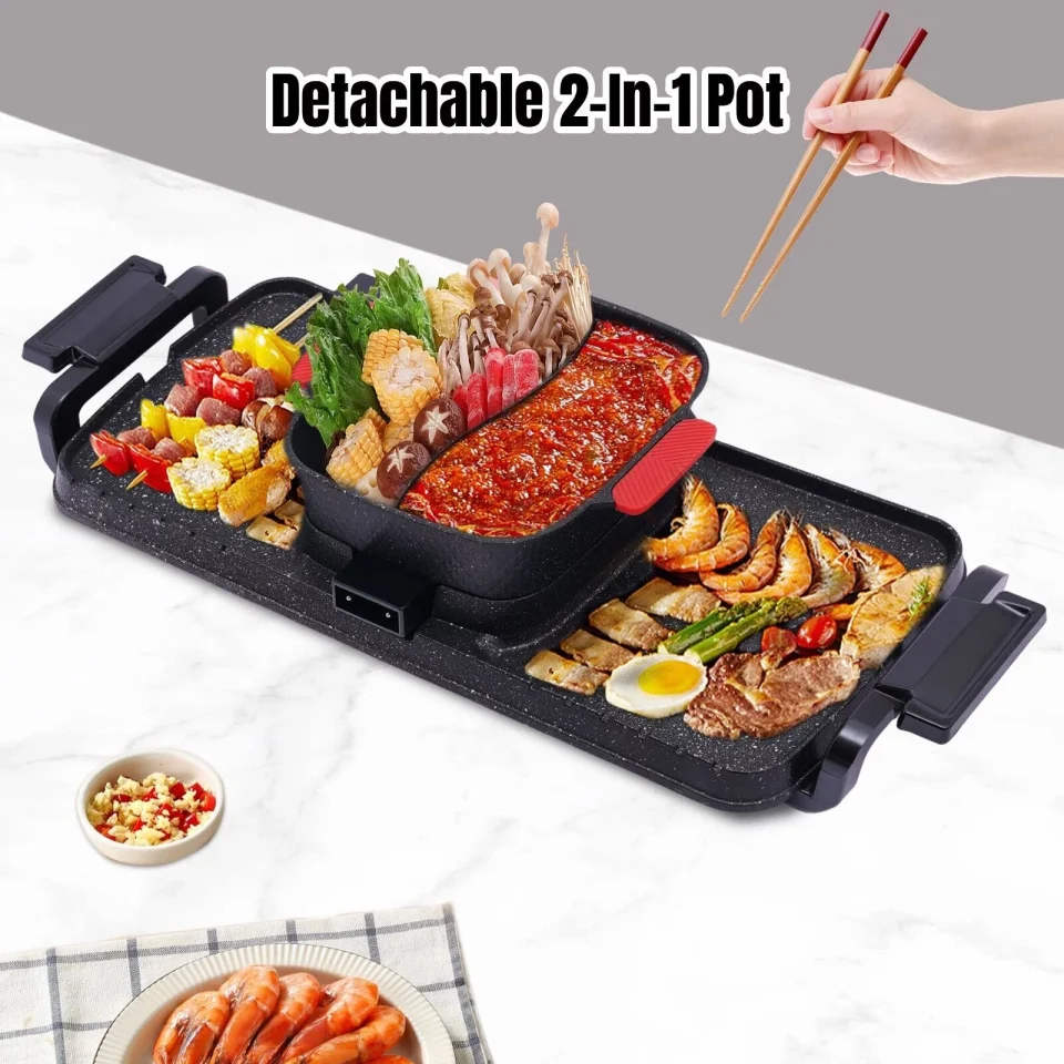 Glossy Leak-Proof 2200W 2 in 1 Electric Smokeless Grill and Hot Pot BBQ Grill Shabu Pot Kit 110V