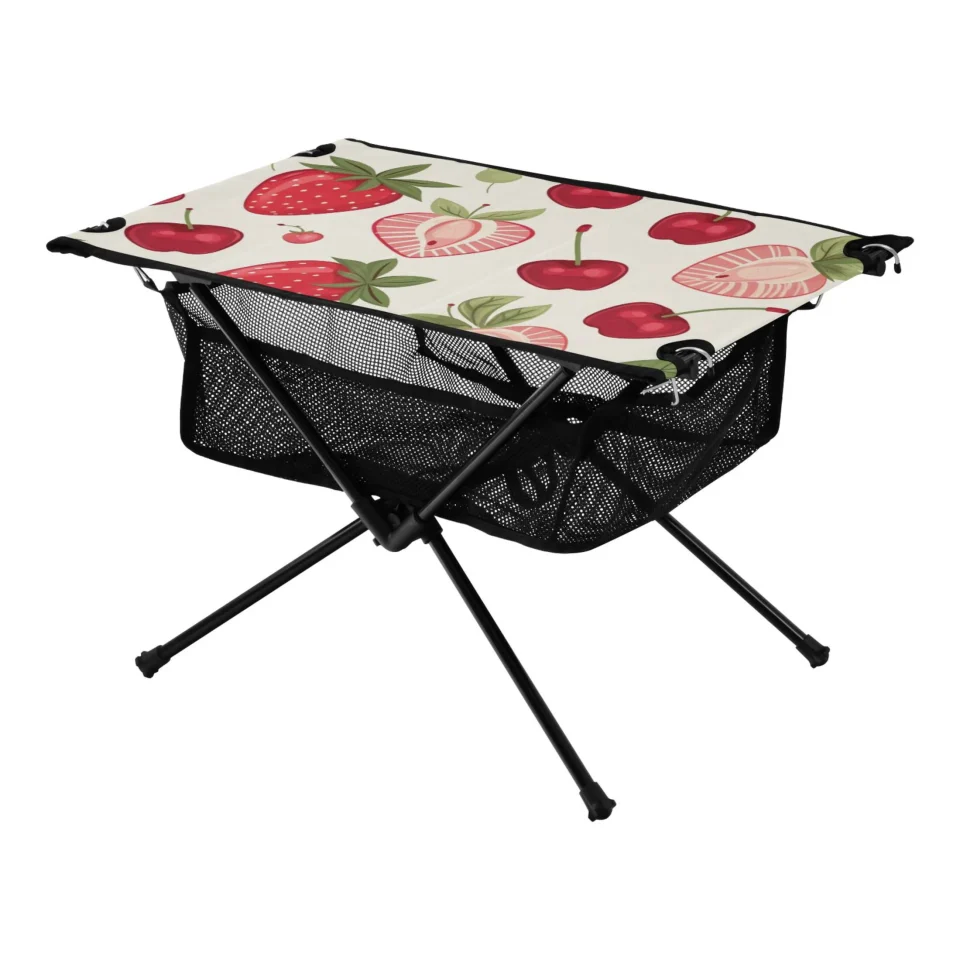 Safe Glossy Strawberry and Cherry Camping Folding Table Portable Beach Table with Storage Bag Compact Picnic Table for Outdoor Travel Fishing BBQ