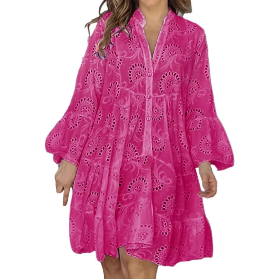 Silicone SZXZYGS Women's formal Dresses Plus Size Red Europe and The United States Spring and Summer Solid Color V Neck Loose Embroidered Hollow Lace Flower Sexy Dress Easter