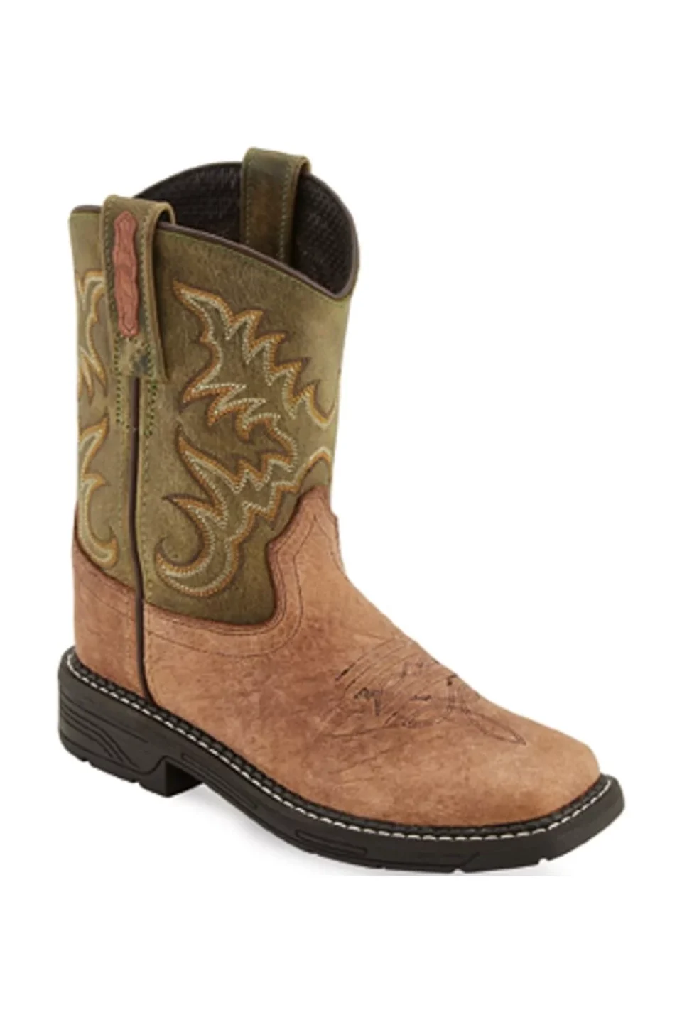 Non-Toxic Matte Old West Olive/Tan Children Boys Leather Cowboy Boots 2.5D