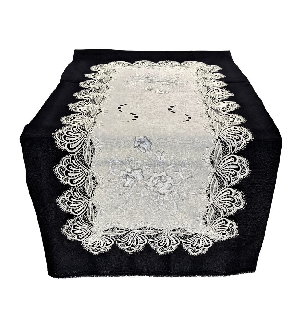 Ceramic Cast Iron Doily Boutique Table Runner with Gray, Silver, and White Roses on Fabric with Lace Size 35 x 16 inches