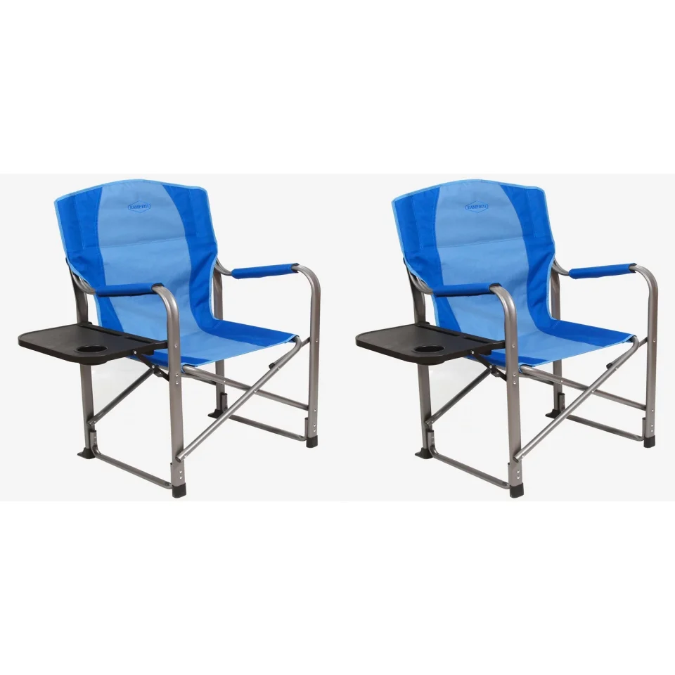 Ultimate Glossy Kamp-Rite Director Portable Lounge Arm Chair with Side Table, Blue (2 Pack)