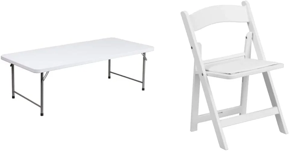 Upgraded 4.93-Foot Kid's Granite White Plastic Folding Table & Kids White Resin Folding Chair with White Vinyl Padded Seat