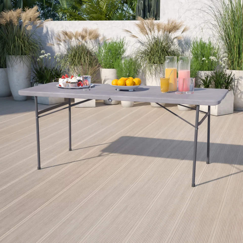 Multi-Purpose BizChair 6-Foot Bi-Fold Dark Gray Plastic Folding Table with Carrying Handle