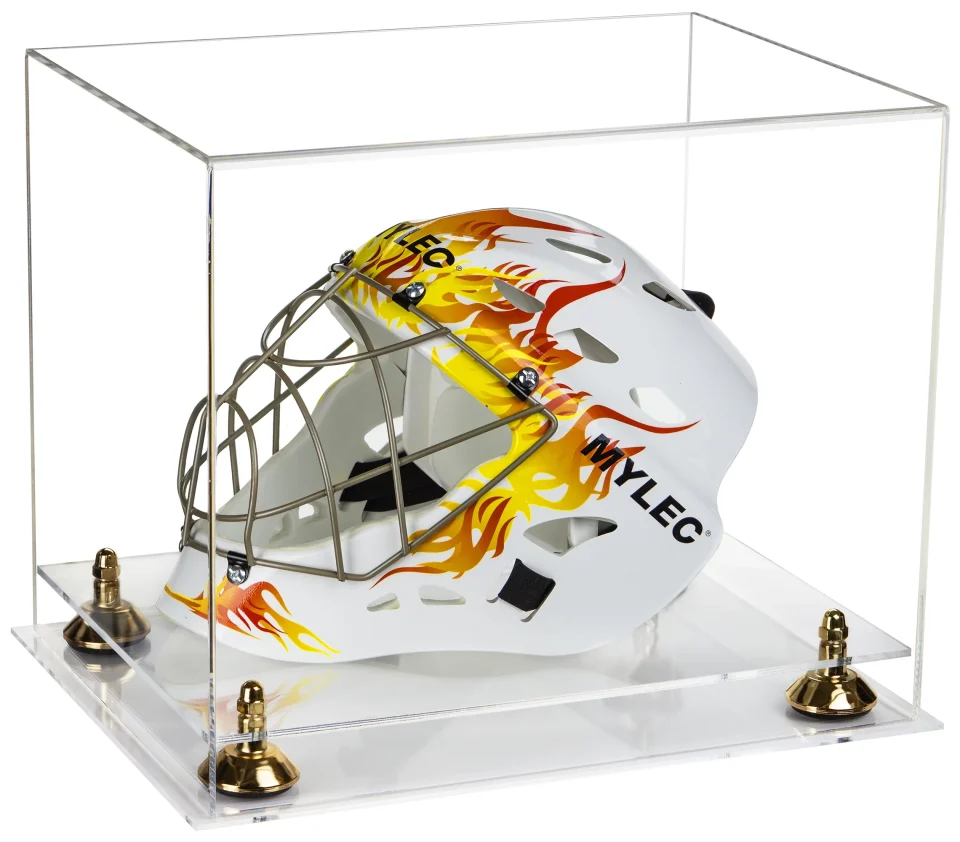 BPA-Free Deluxe Clear Acrylic Lacrosse Helmet Display Case with Gold Risers and Clear Base (A002-GR)