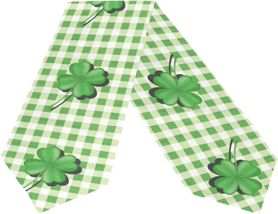 Versatile GZHJMY Double Sided St. Patrick's Day Plaid Clover Long Polyester Table Runner 13 x 90 Inches Table Cloth Cover Placemats for Kitchen Dinning Living Home Holiday Decor