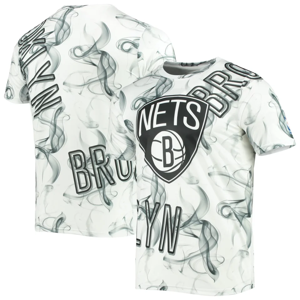 Non-Toxic Baking Men's FISLL White/Black Brooklyn Nets Asymmetric Bold Smoke T-Shirt