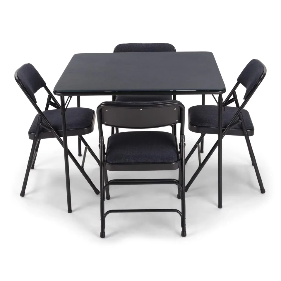 Lightweight EventStable Titan Series Folding Card Table and Metal Folding Chair Set - 5 Pieces (Navy Blue Fabric)